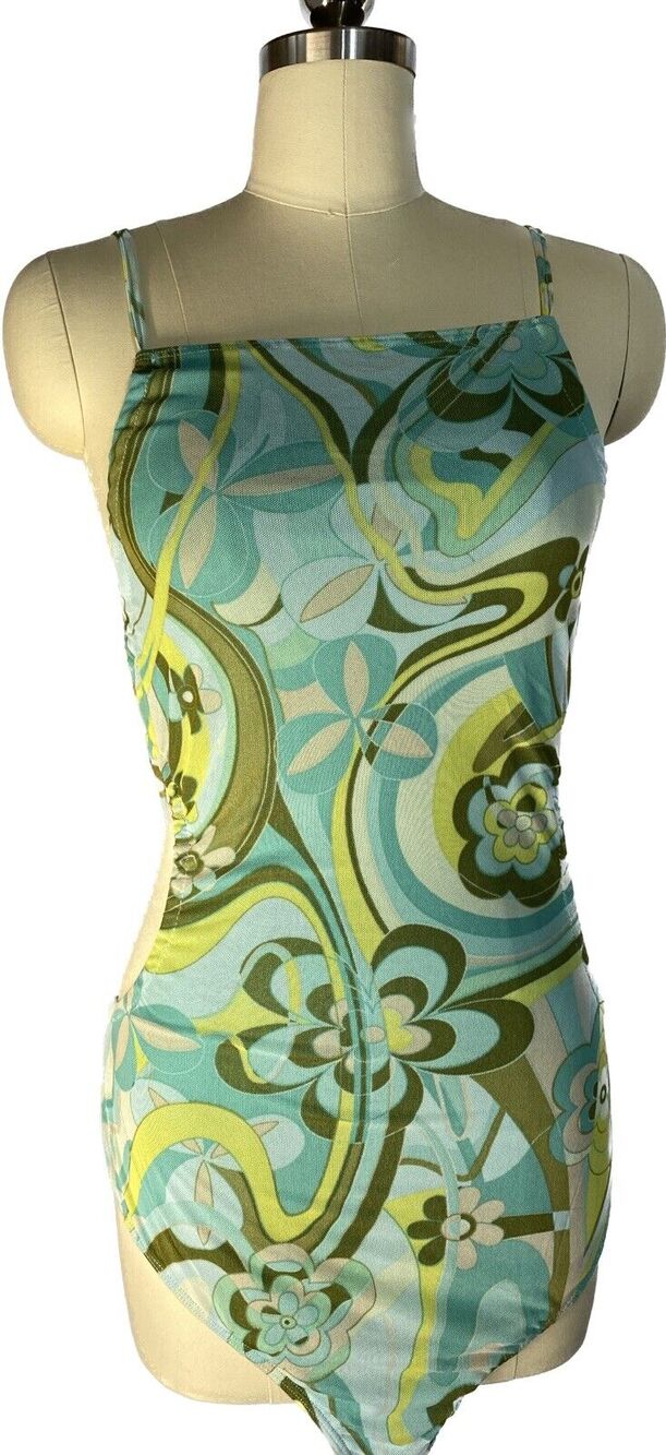 New Mod Psychedelic Bodysuit Blue Green Marbled Flowers Rue21 Womens Juniors XS